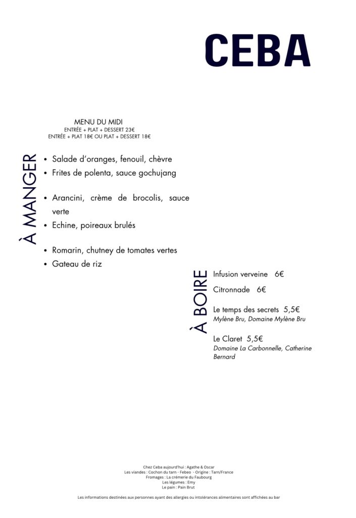 Menu du midi du mercredi 23 janvier