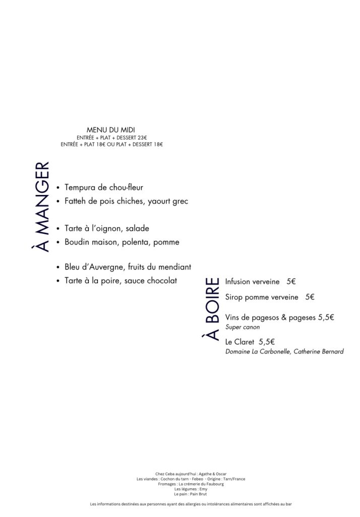 Menu du midi du mardi 18 février