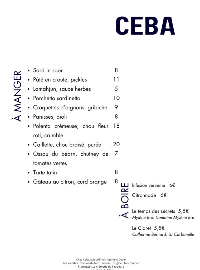 Carte du soir du samedi 1er février